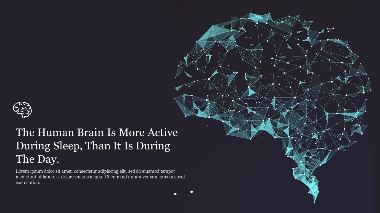 Dark themed slide featuring a wireframe brain diagram and a fact about brain activity during sleep.