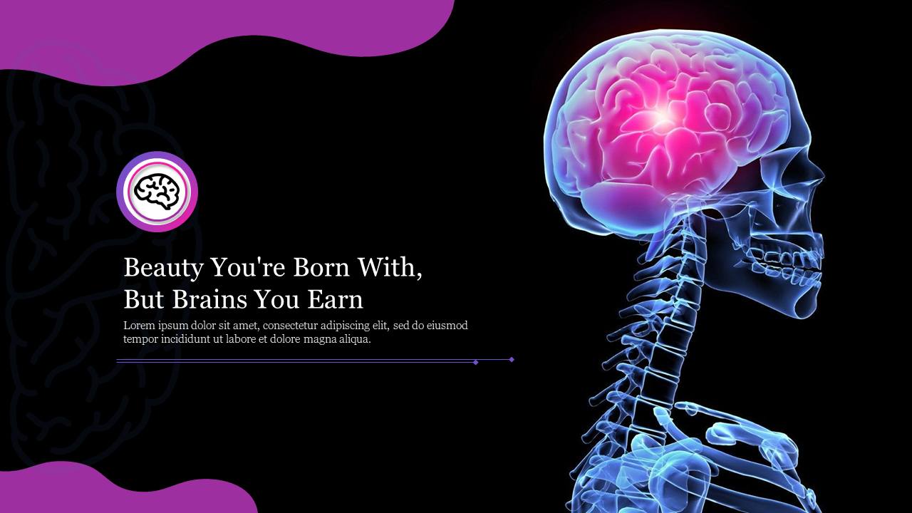 Side profile of a transparent skeleton with a glowing brain, set against a black background with purple accents.