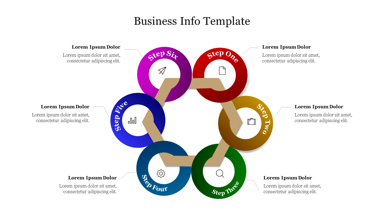 Colorful circular steps template for business information with icons and process with placeholder text on a white theme.