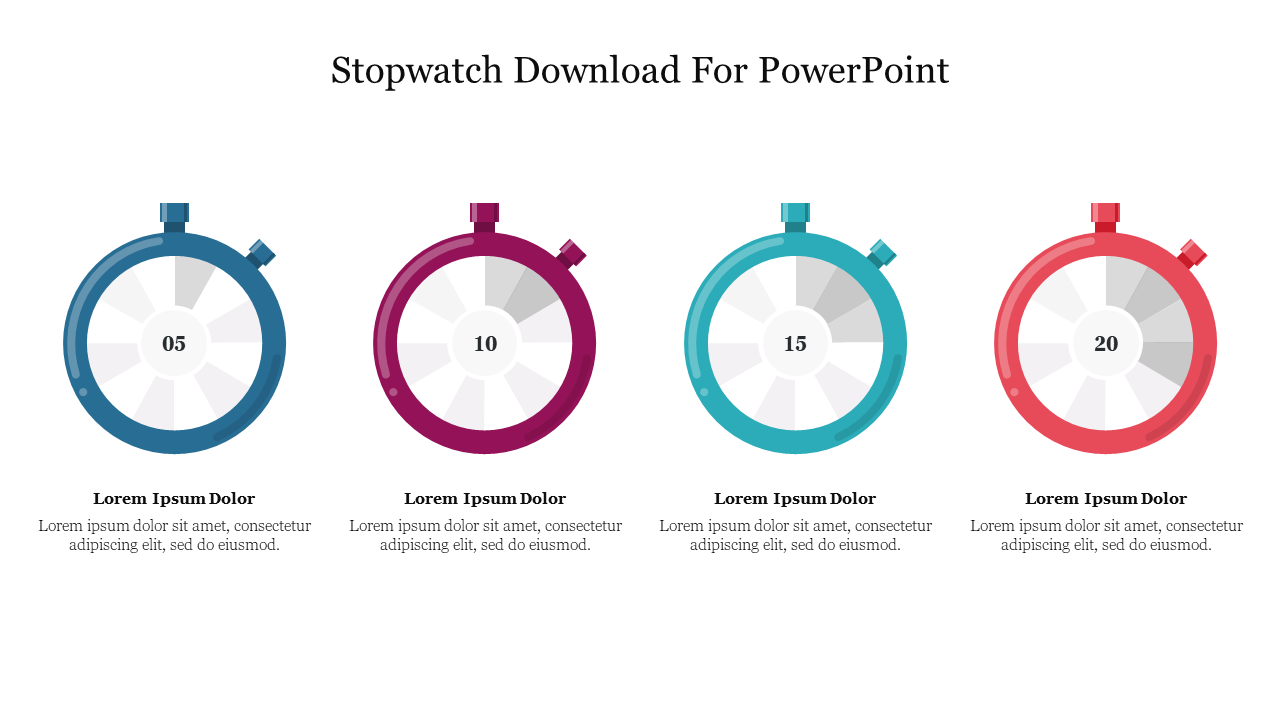 Slide showing four colored stopwatches labeled 05, 10, 15, and 20, each with placeholder text below.