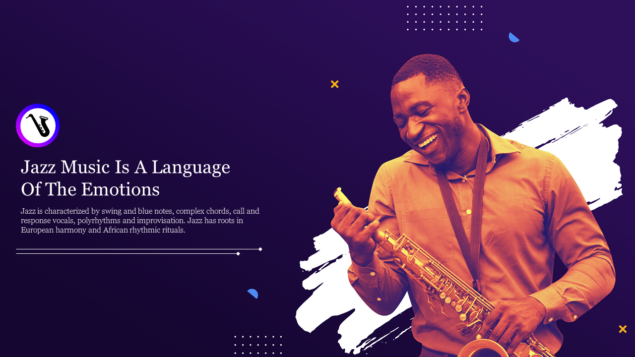 A slide featuring a saxophone player on a purple background with text about jazz music and its emotional depth.