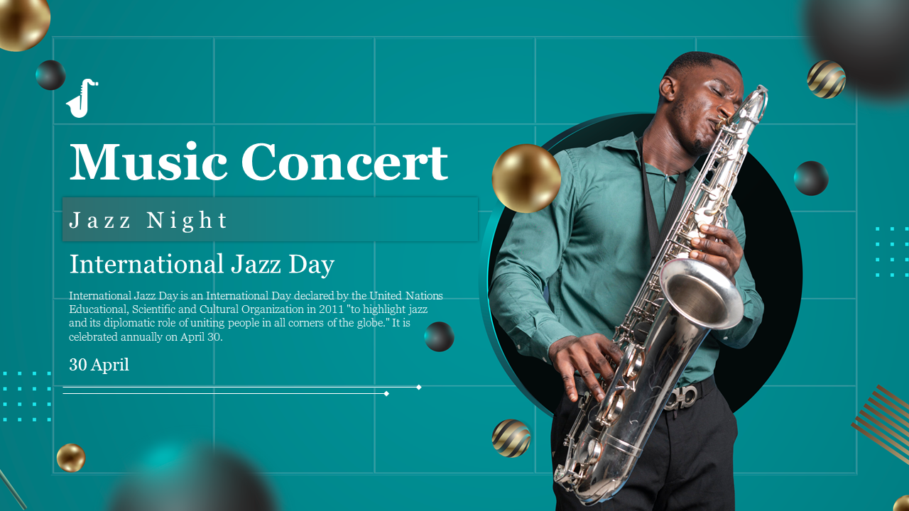 A man playing the saxophone on a teal background with decorative gold and black spheres and grid lines with text.