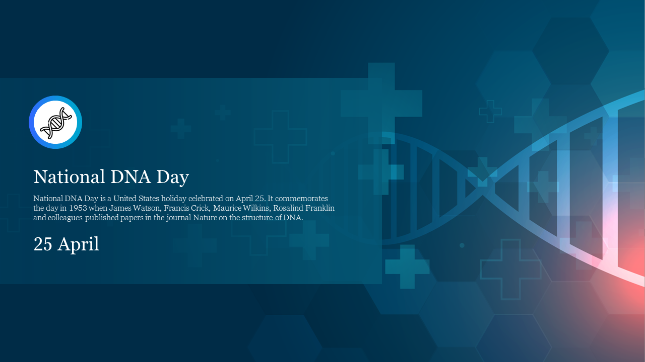 National DNA day slide with DNA helix graphic, informational text, and the date April 25.