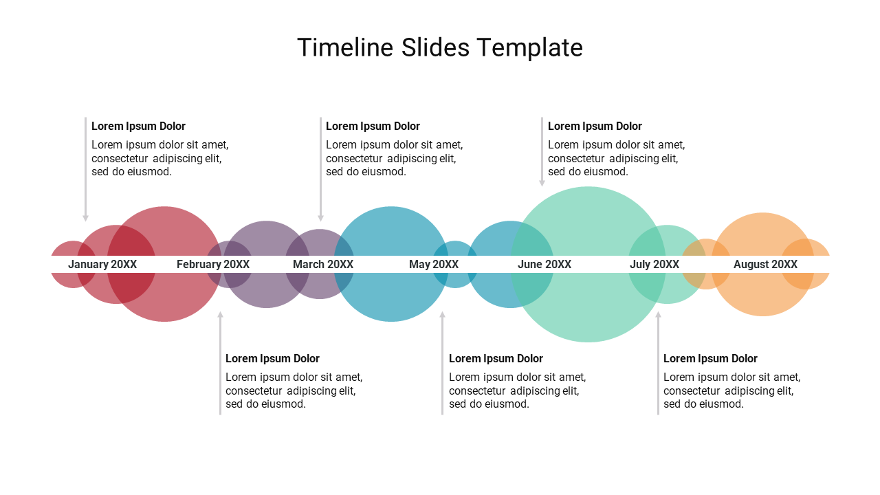 Timeline slide with overlapping colored circles in red, purple, blue,  green, and orange, spanning from January to August.