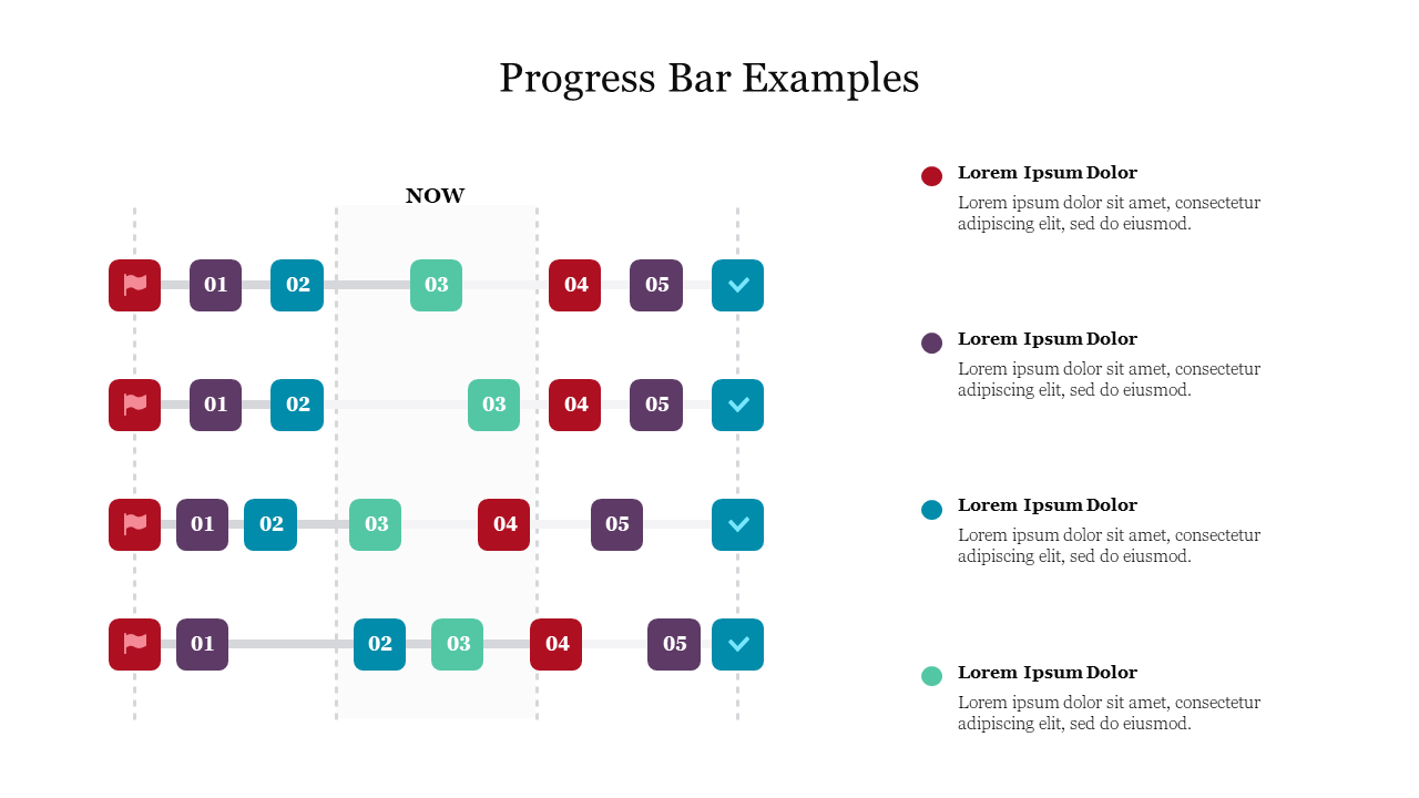 Colorful progress bars in rows, showing numbered squares in red, teal, purple, and blue, with text on the right.