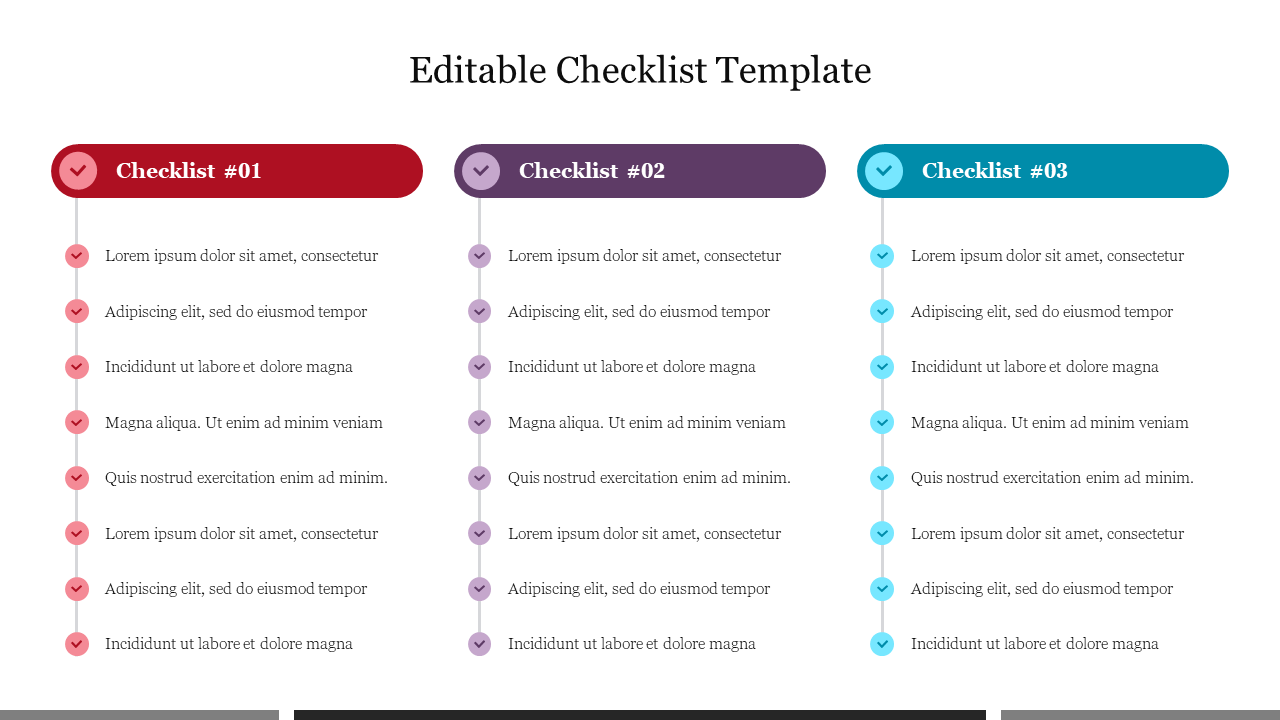 Template with three checklists, each containing steps, with color coded checkboxes on a white theme.