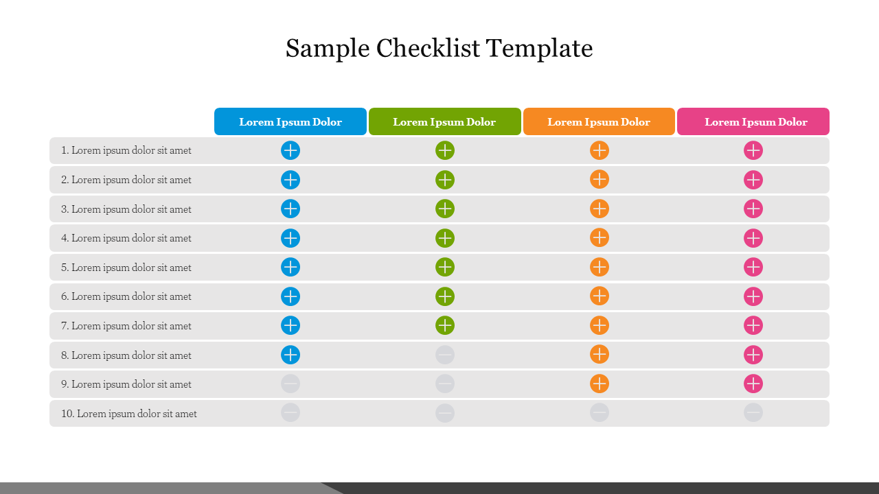 A checklist with ten rows, each containing four colored columns in blue, green, orange, and pink, with plus icons in circles.