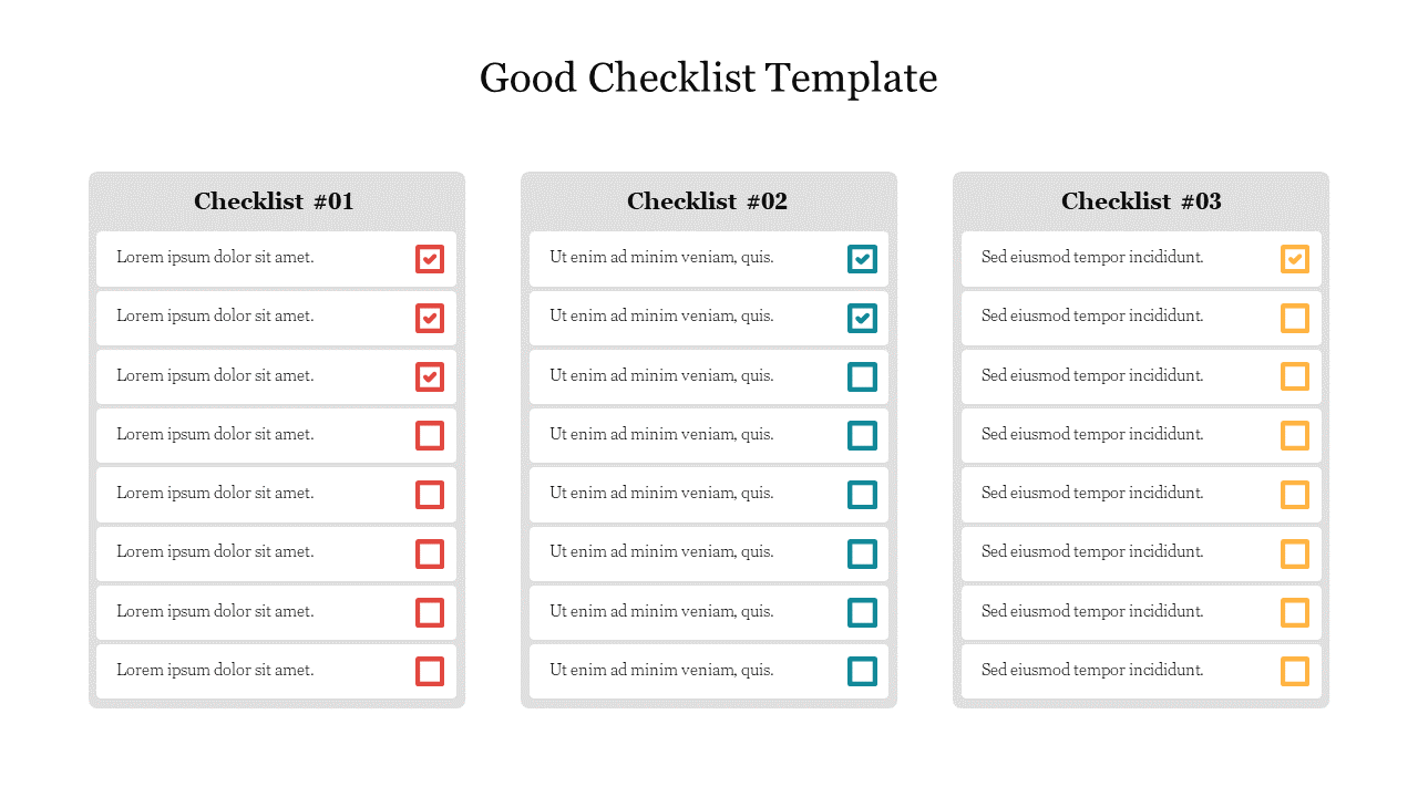 Three-column checklist template with red, blue, and yellow checkboxes and placeholder text under each list.