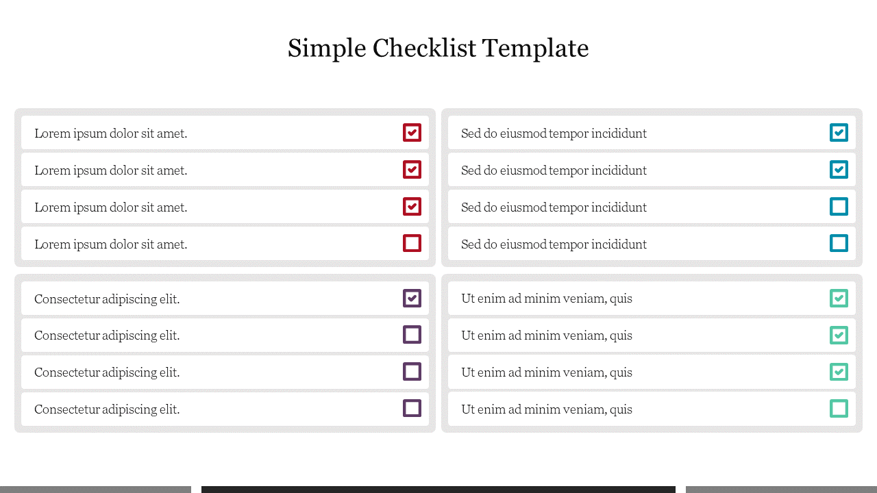 Simple checklist slide with multiple rows of text, and checkboxes marked in red, purple, and blue indicating task completion.