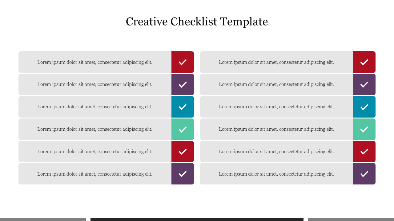 Checklist template with red and purple checkboxes with placeholder text.