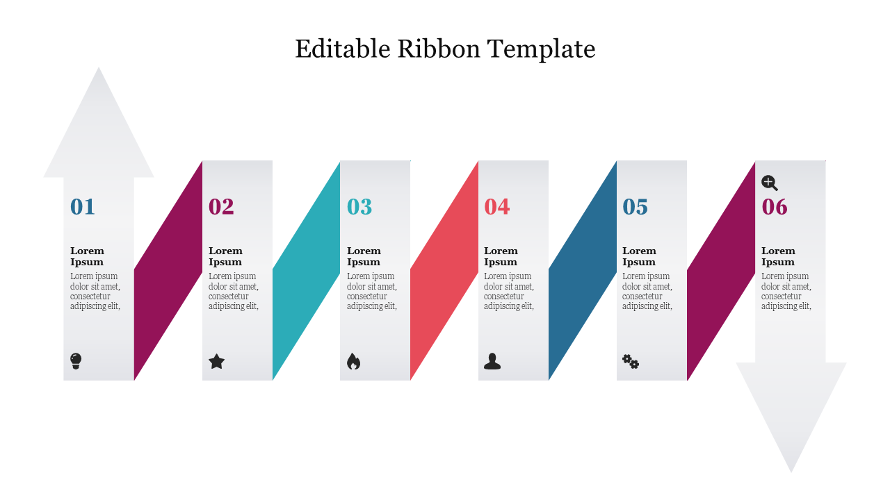 Ribbon diagram showcasing six stages with numbered placeholder text areas, icons, and directional flow.