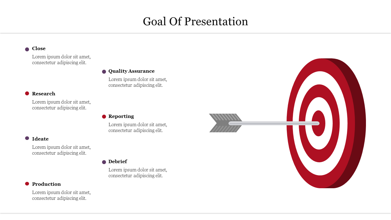 Slide with a red and white target on the right, an arrow hitting the center, and a list of seven goals with colored dots.