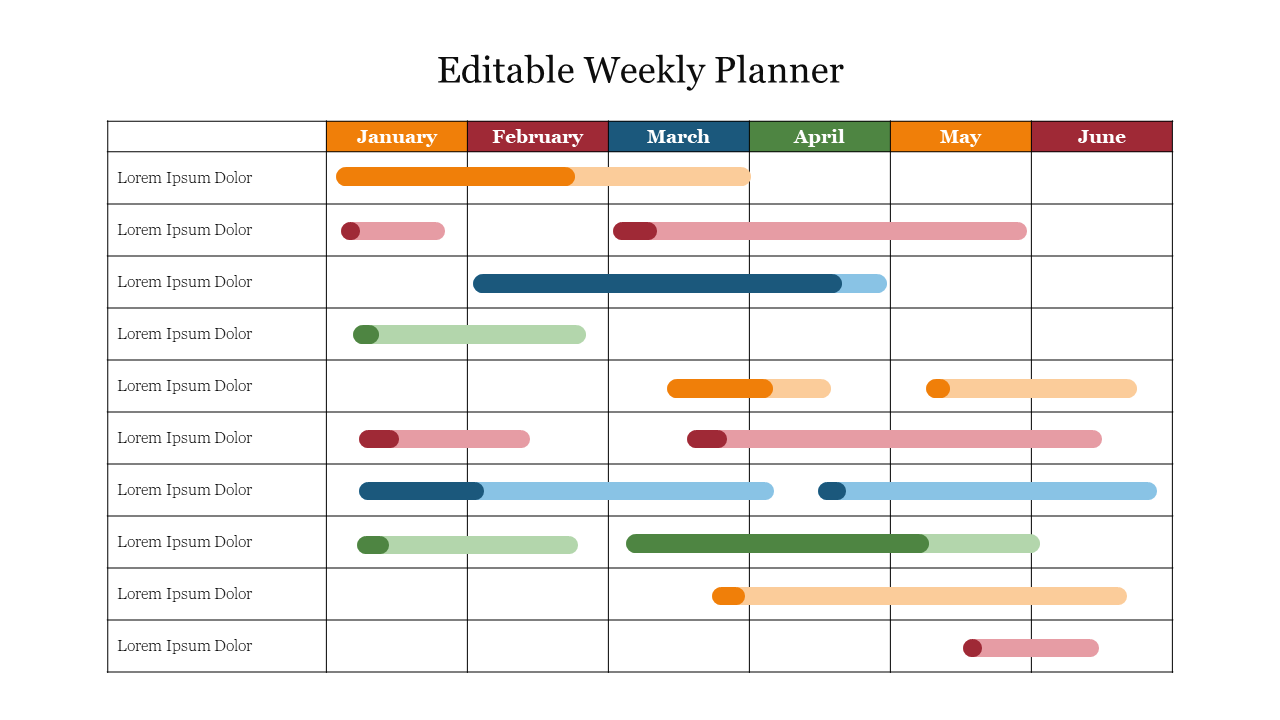 Weekly planner table with colorful bars indicating tasks for each month from January to June with placeholder text.