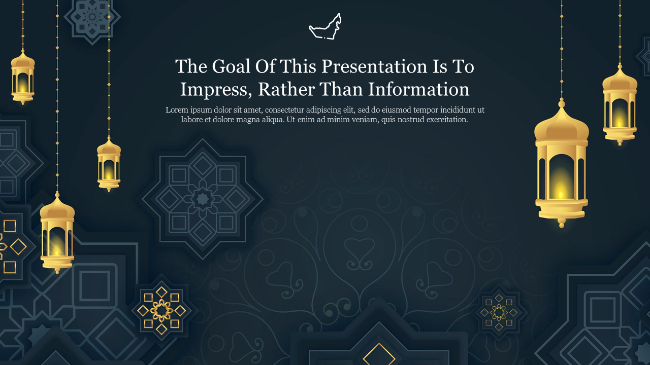 Elegant Arabic themed PowerPoint slide with golden lanterns and intricate geometric patterns.