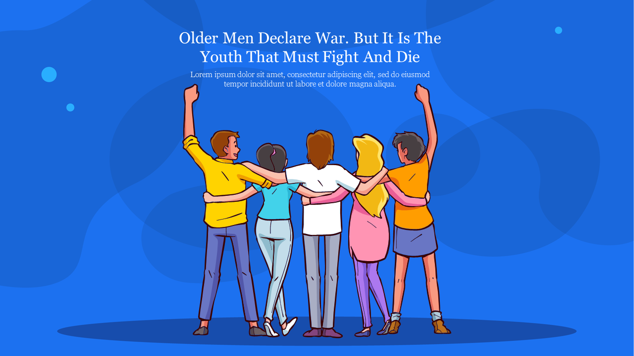 Group of young people embracing with raised arm with a quote on a blue background with caption area.