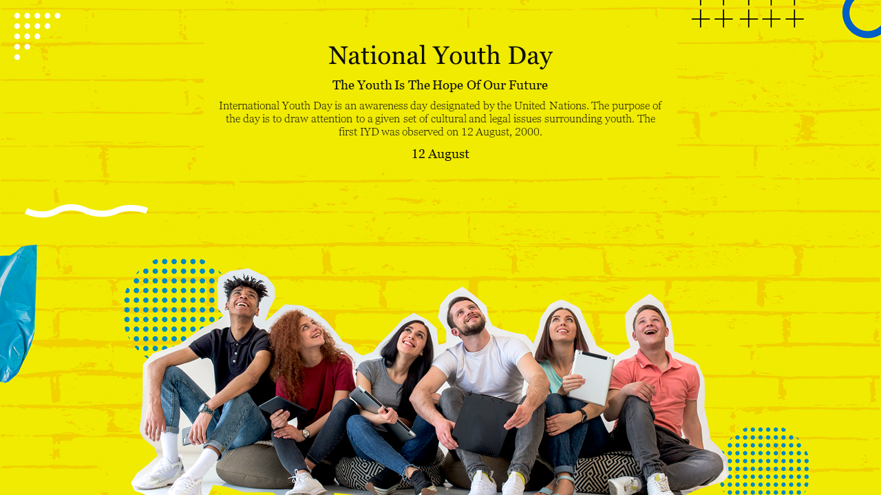 Group of six young people sitting together in a bright yellow background with abstract blue and black design elements.