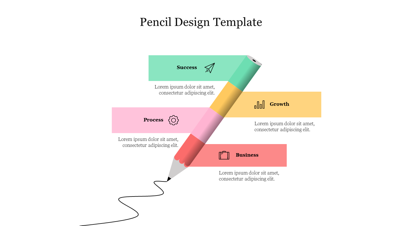 Slanted pencil with four colored sections in the pastel shades of green, yellow, pink, and red, paired with text boxes.