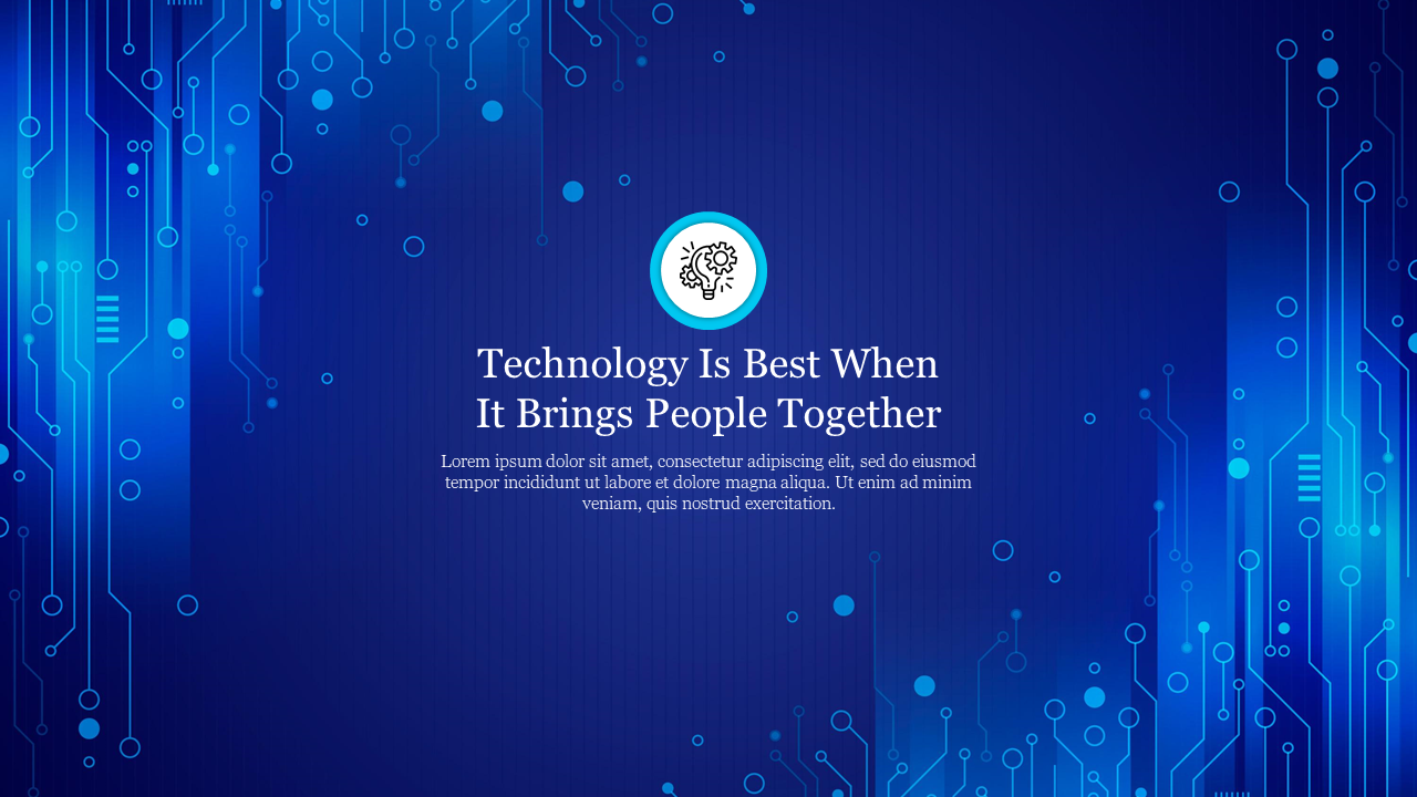 Blue technology themed background with glowing circuit patterns and a centered icon of gears above a motivational quote.