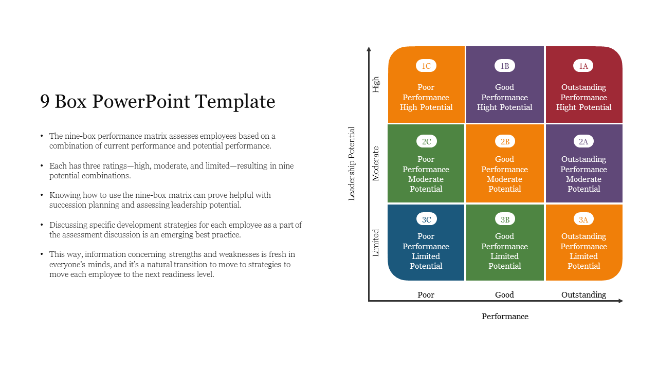 Colorful 9 Box performance matrix showing employee potential versus performance with various rating categories.