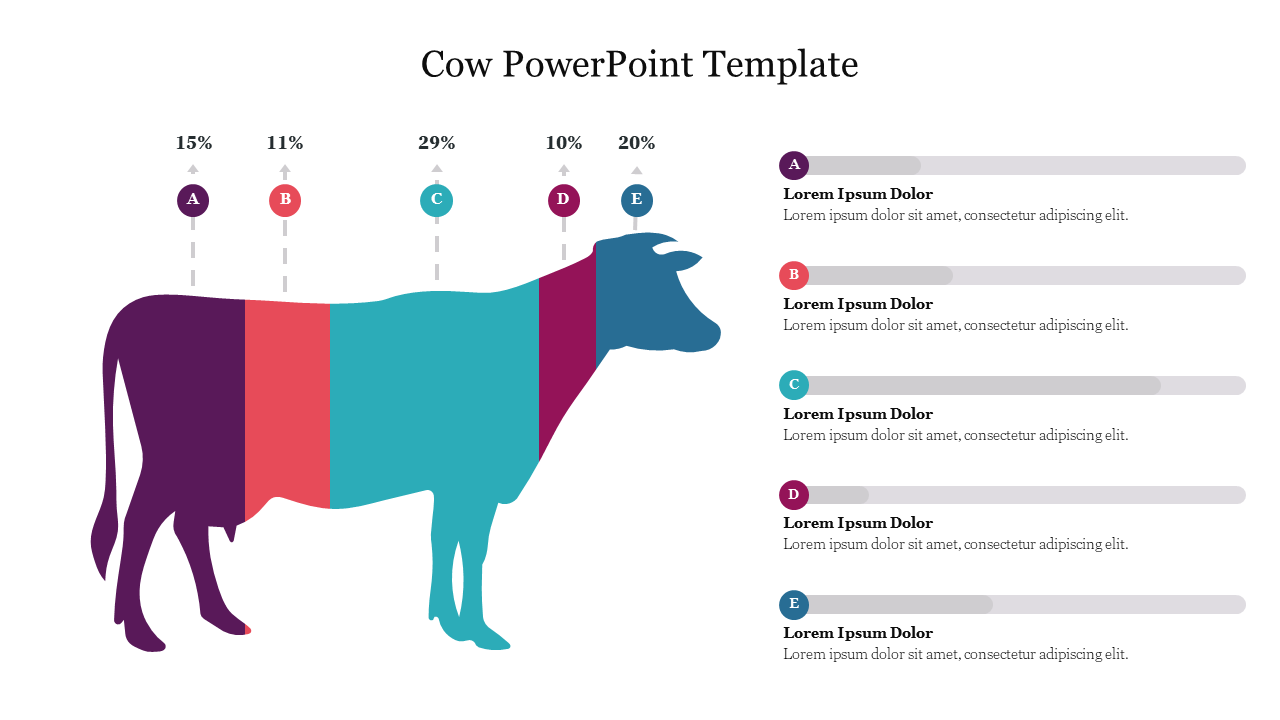 Colorful slide featuring a cow template, showcasing sections with percentages and placeholder text for each area.