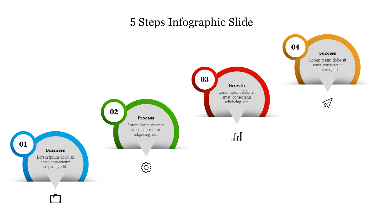 Five-step infographic from business, process, growth, success, with colored circles and icons.