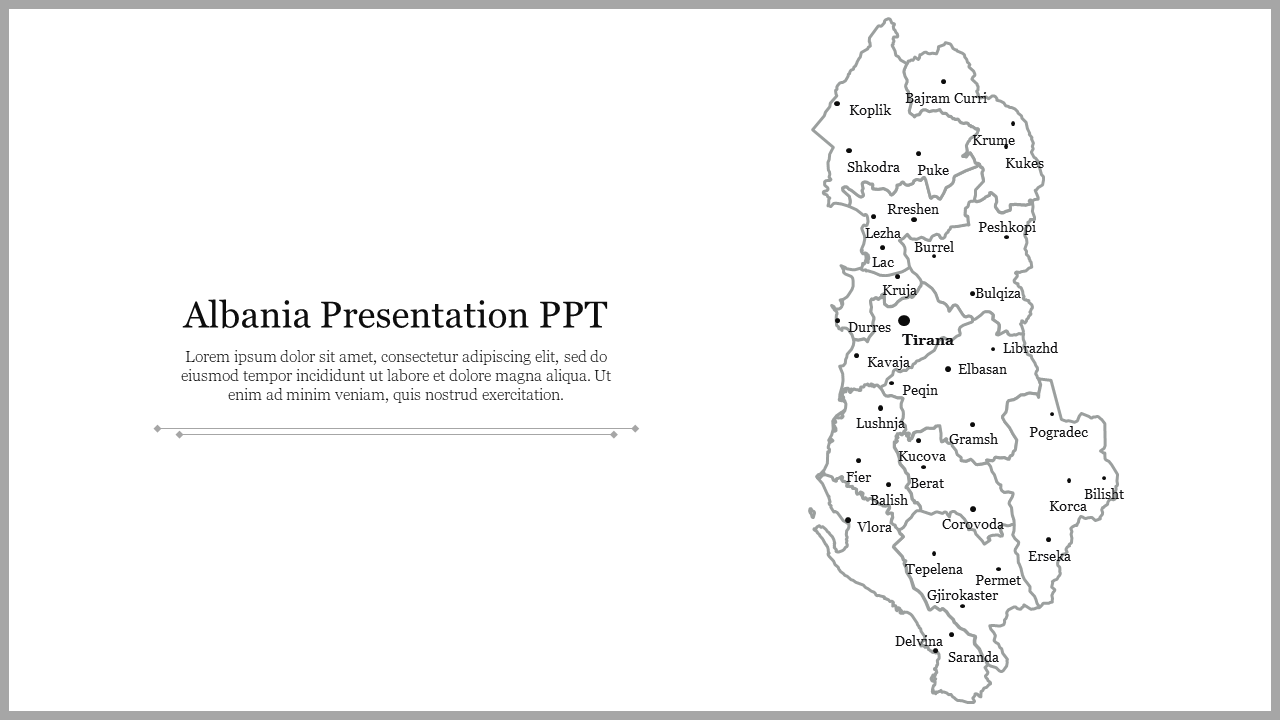 Albania map outline with labeled cities on the right and a text area with title, set against a white background.