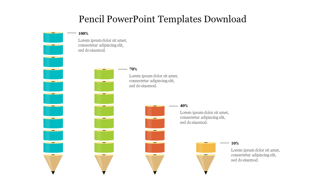 Four stacked pencils in blue, green, orange, and yellow, progressively decreasing in size and labeled with percentage.