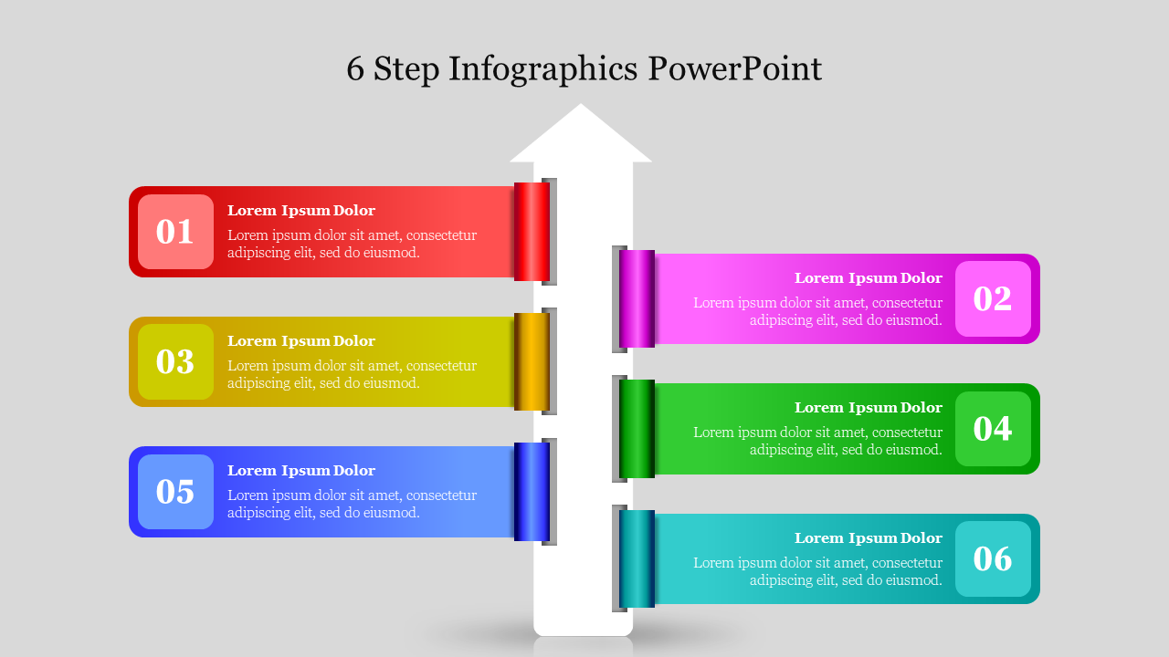 Six-step infographic with multicolored ribbons, numbered from 1 to 6, with caption areas arranged around a vertical arrow.