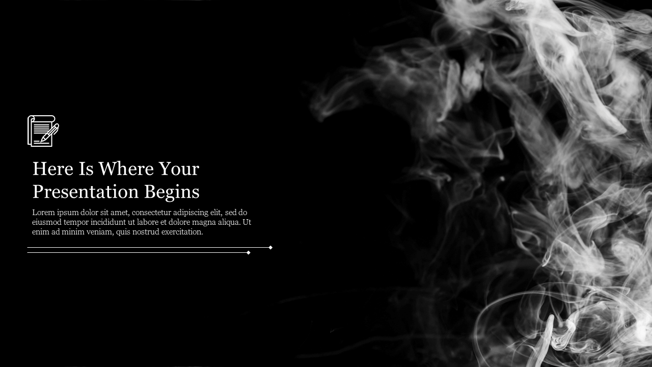 Monochrome slide with white smoke swirling on the right and text on a black background to the left.