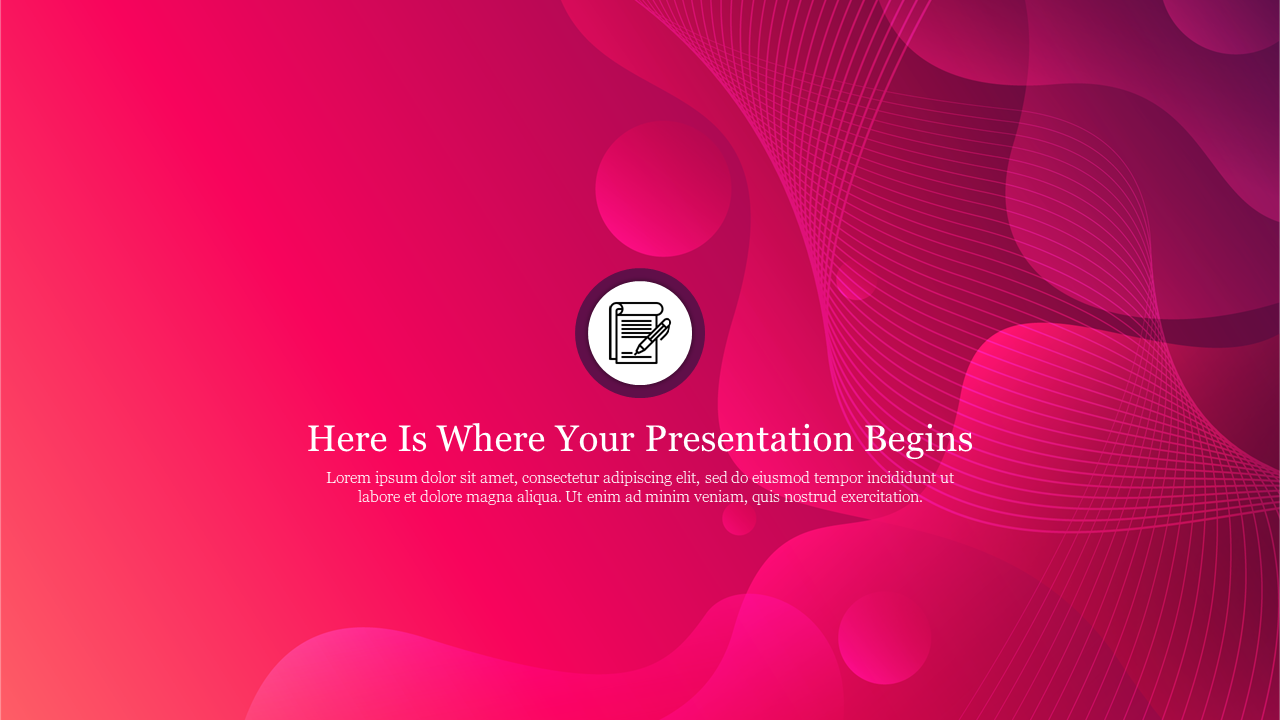 Vibrant pink gradient background with abstract wave patterns, featuring a central document icon, and text.