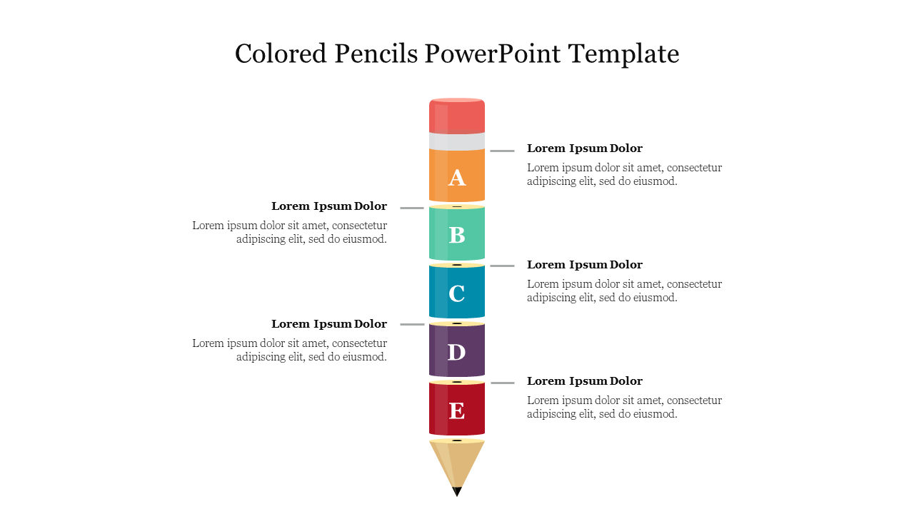 PowerPoint template with a stack of colored pencils and sections labeled A, B, C, D, and E with placeholder text.