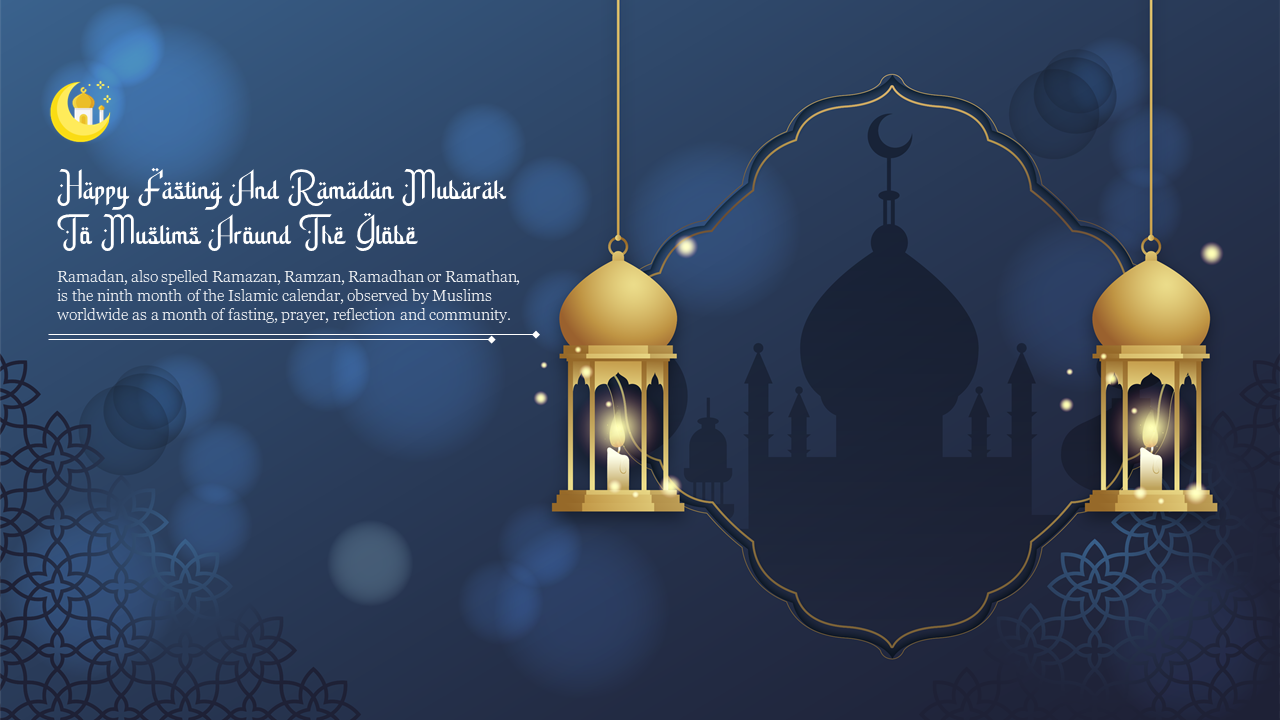 Ramadan Mubarak message with two golden lanterns hanging beside a mosque silhouette against a blue night sky background.