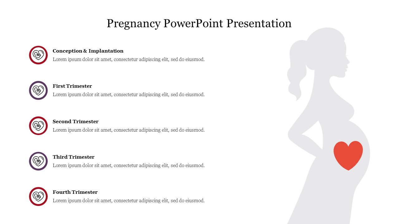 A slide featuring a silhouette of a pregnant woman with a red heart icon and five timeline sections on the left.