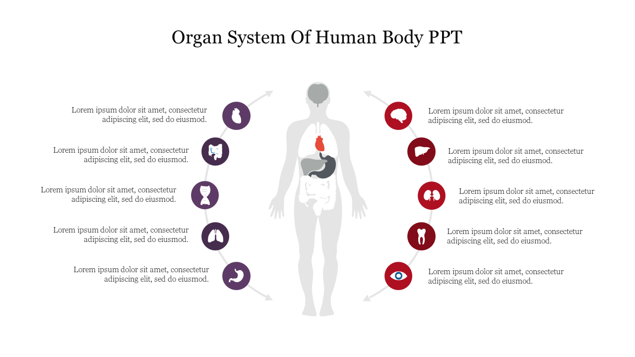 Gray human silhouette with ten icons of various organs in red and purple, with text lines on both sides.