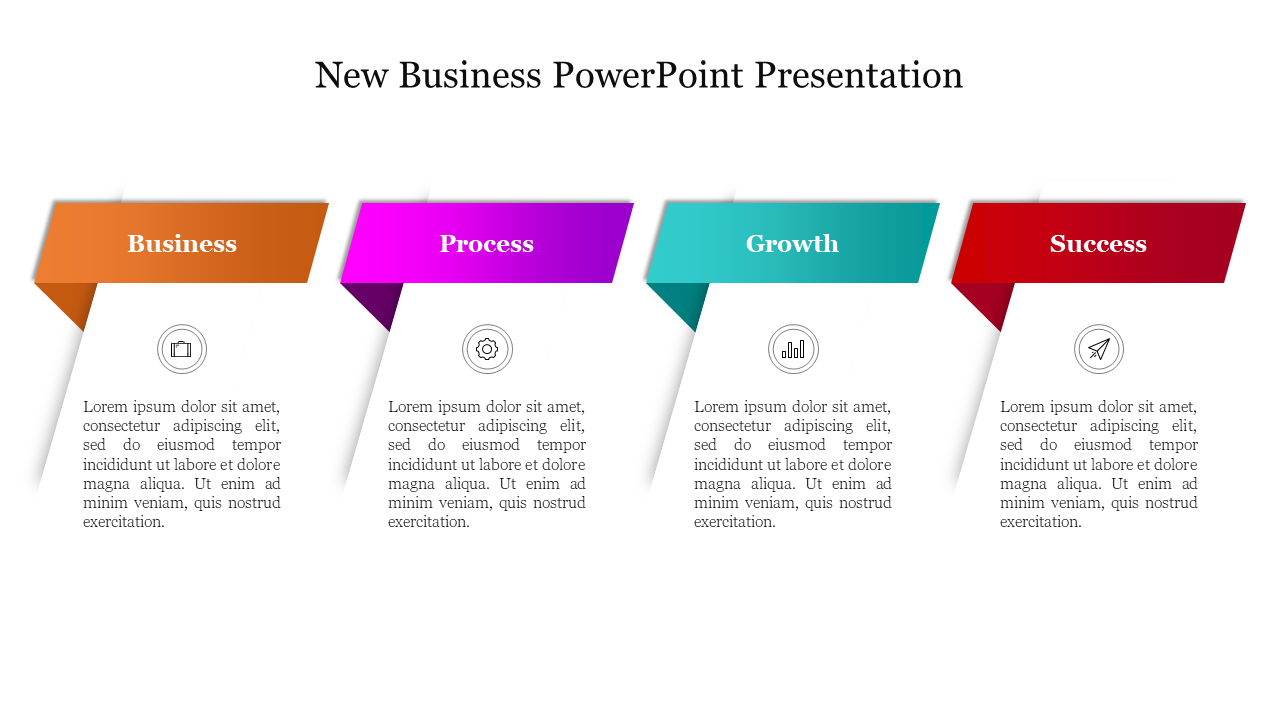 New business PowerPoint template with color coded segments from business to success with icons and placeholder text.