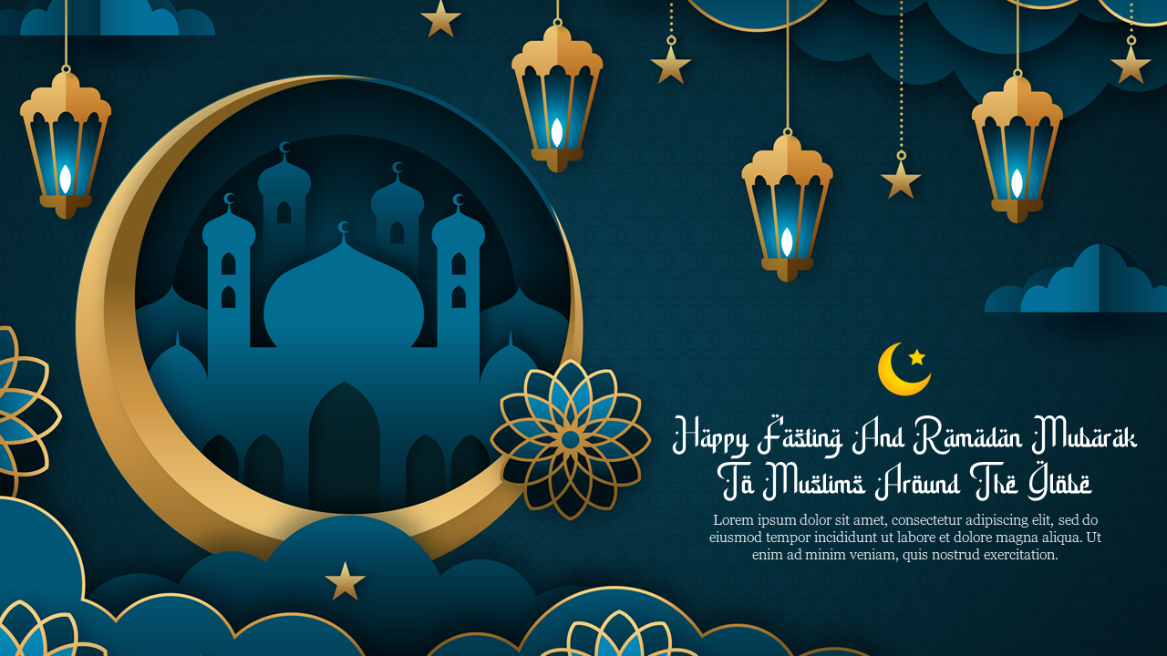 Ramadan greeting slide with a mosque inside a crescent moon, lanterns, stars, and a message of peace and blessings.