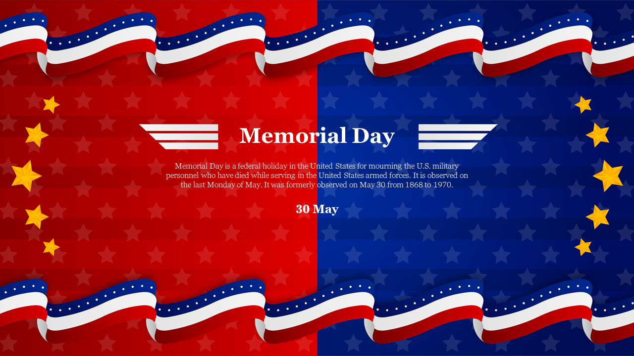 Memorial day slide with alternating red and blue sections, bordered by American flag ribbons and golden stars.