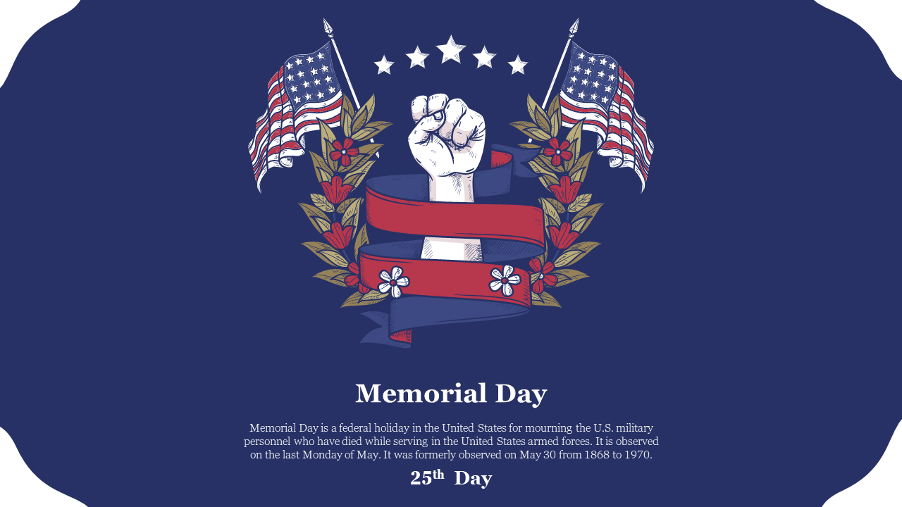 A raised fist surrounded by American flags, laurel leaves, and a red ribbon on a blue background, symbolizing Memorial day.