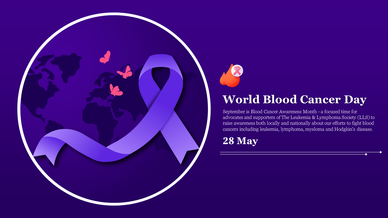 World blood cancer slide with a ribbon, butterflies, and a globe silhouette in a circular frame, on a dark purple backdrop.