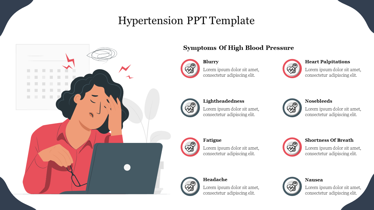 Hypertension slide showing a stressed individual with symptoms of high blood pressure and icons and text captions.