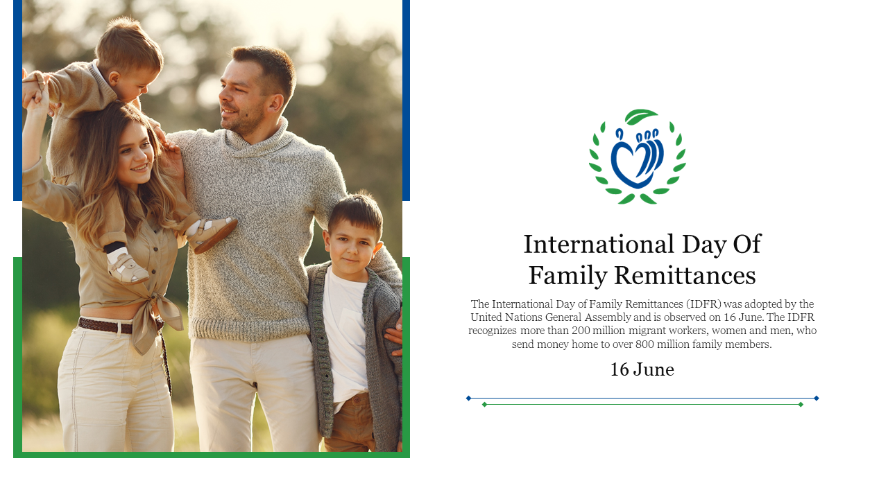 A family on the outdoors in a blue and green framed square, with a logo and text on International family remittances day.