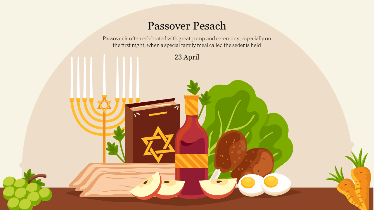 A beautifully arranged passover table featuring symbolic foods with a menorah in the background with a text description.