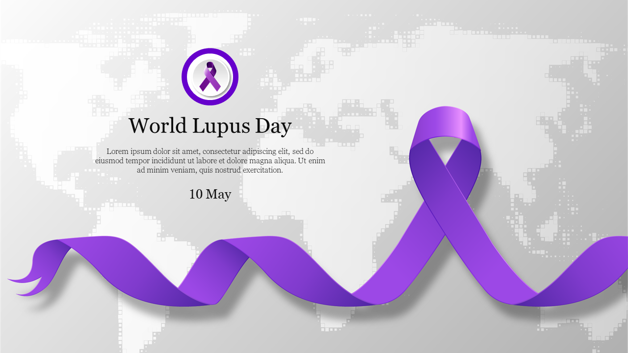 A large purple ribbon flowing at the bottom with a world lupus day message and icon on a light world map background.