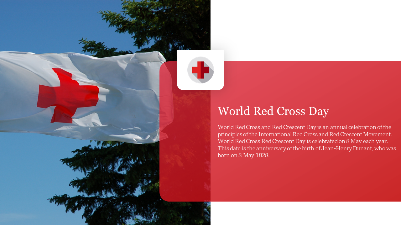 White flag with a red cross and a transparent box on the right displaying content about World Red Cross Day.