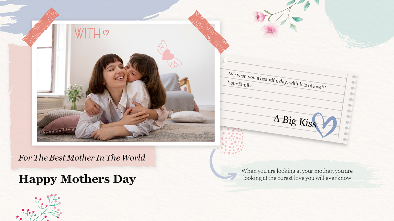 A heartfelt mother's day slide featuring a loving mother and child photo, with sweet messages and decorative elements.