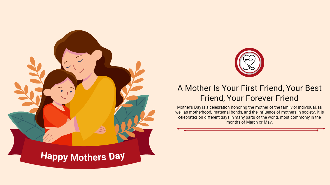 An illustration of a mother embracing her daughter, with a red banner below and a description of Mother's day on the right