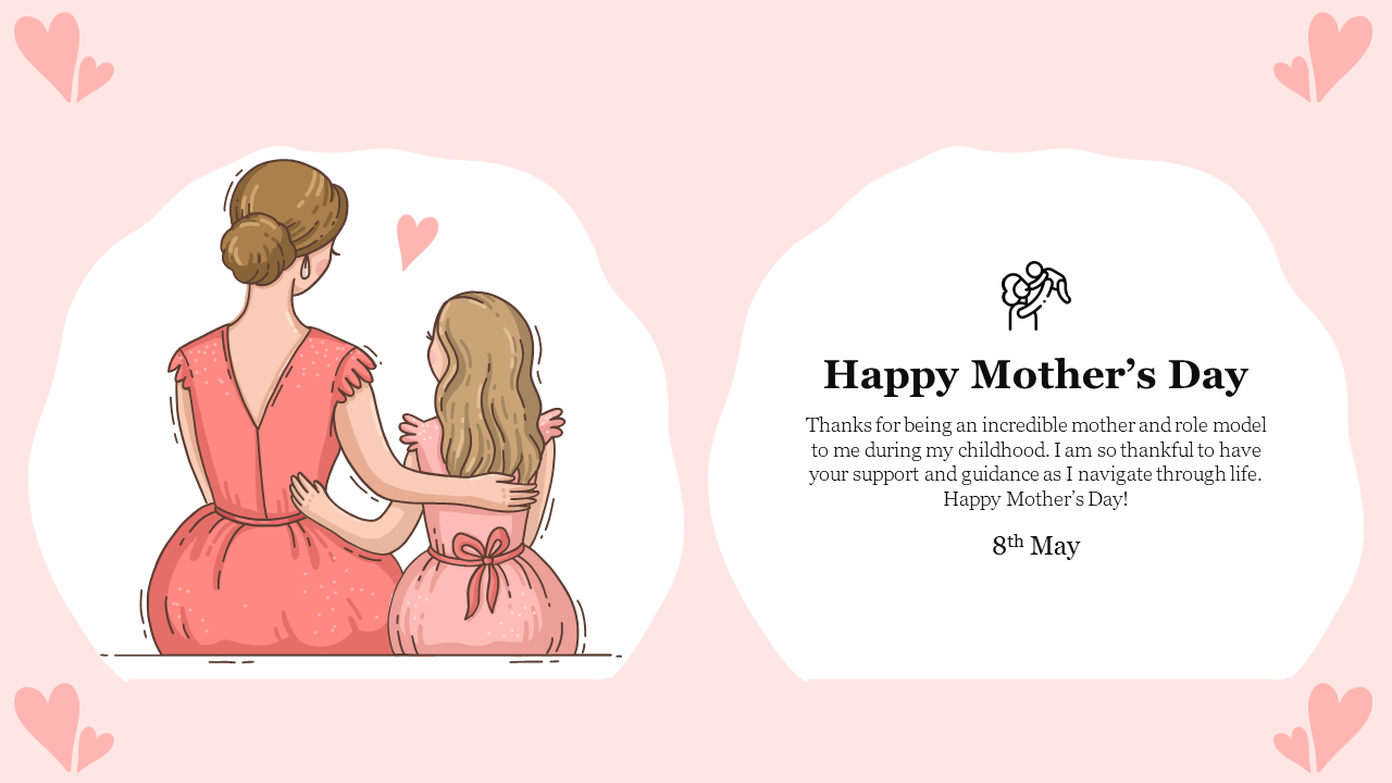 Pastel pink slide featuring a mother and daughter in red dresses, heart icons, and abstract white shapes framing the design.