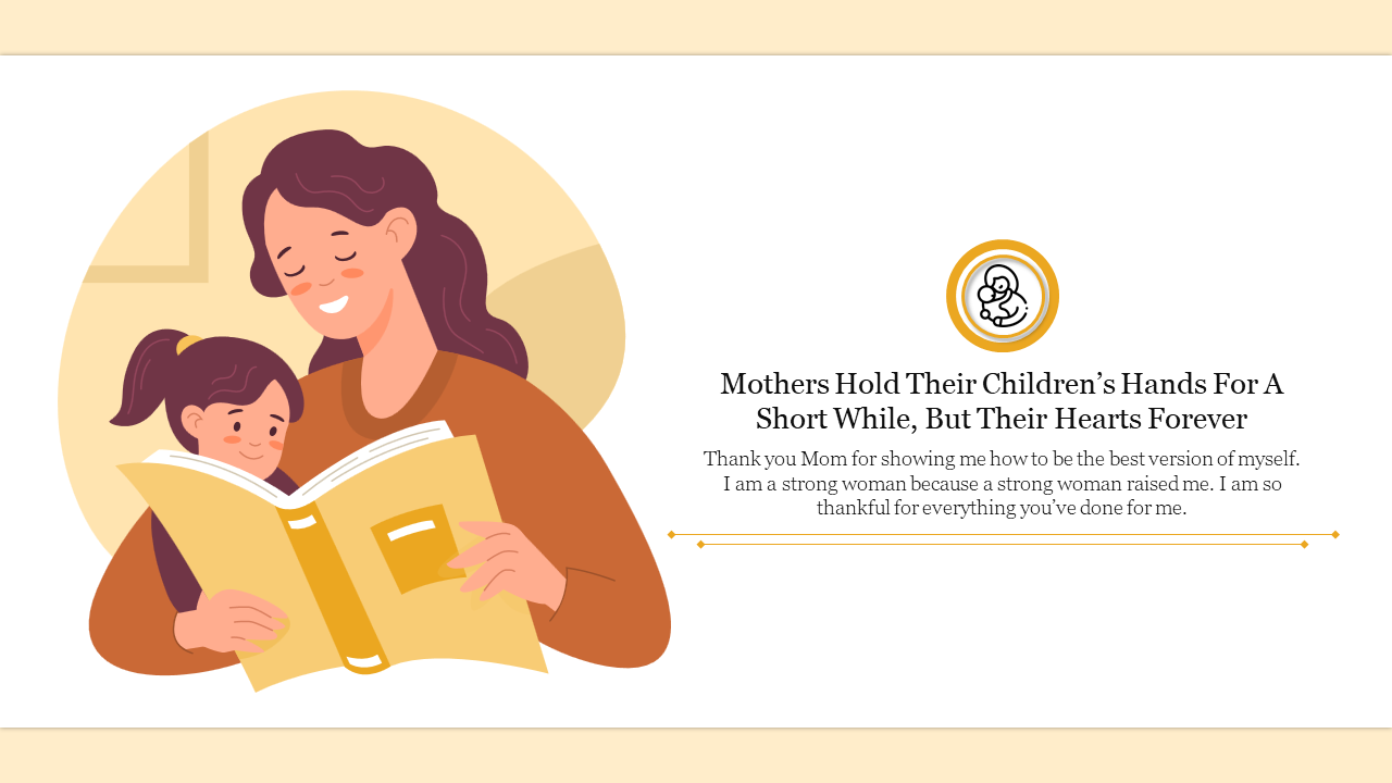 Illustration of a mother and child reading a yellow book, placed against a beige circular background with text on the right.