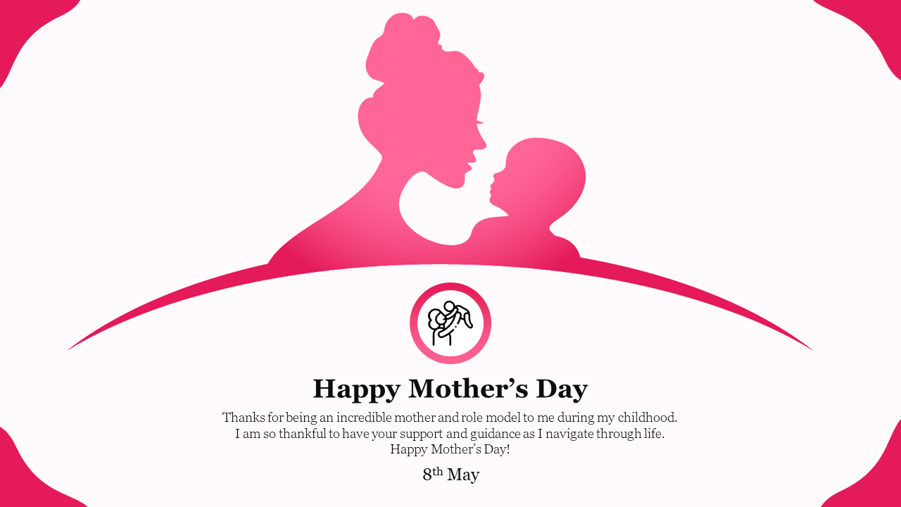 Mother's Day greeting card with a pink illustration of a mother and child, and a thank you message below.