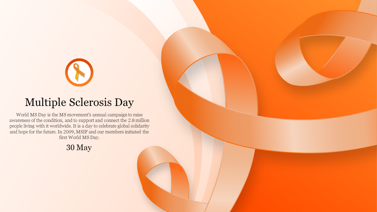 Orange ribbon swirling against a gradient background, with multiple sclerosis day text and icon on the left.